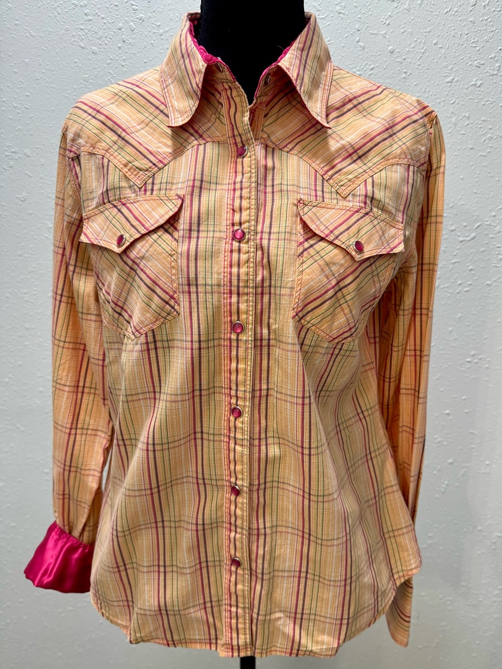 Womens Plaid Button-Front Shirt in Yellow with Pink Accents